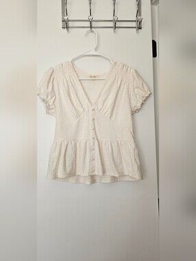 Ultra Flirt Cream Swiss Dot Button Front Peplum Top